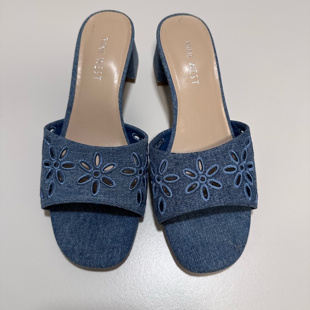 Nine West Denim Floral Cutout Mules